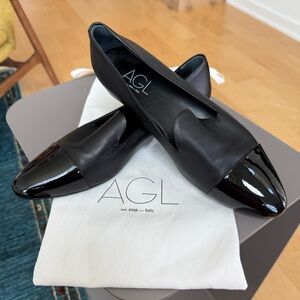 AGL Women's Black Leather Flats Patent Toe Worn Once/Twice only